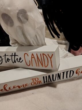 White Halloween Wood Signs with Orange Glitter Lettering